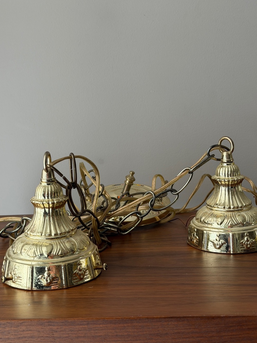 Double Pendant Ceiling Light Swag Ornate Gold Hanging Lantern Canopies Retro MCM - Picture 13 of 15